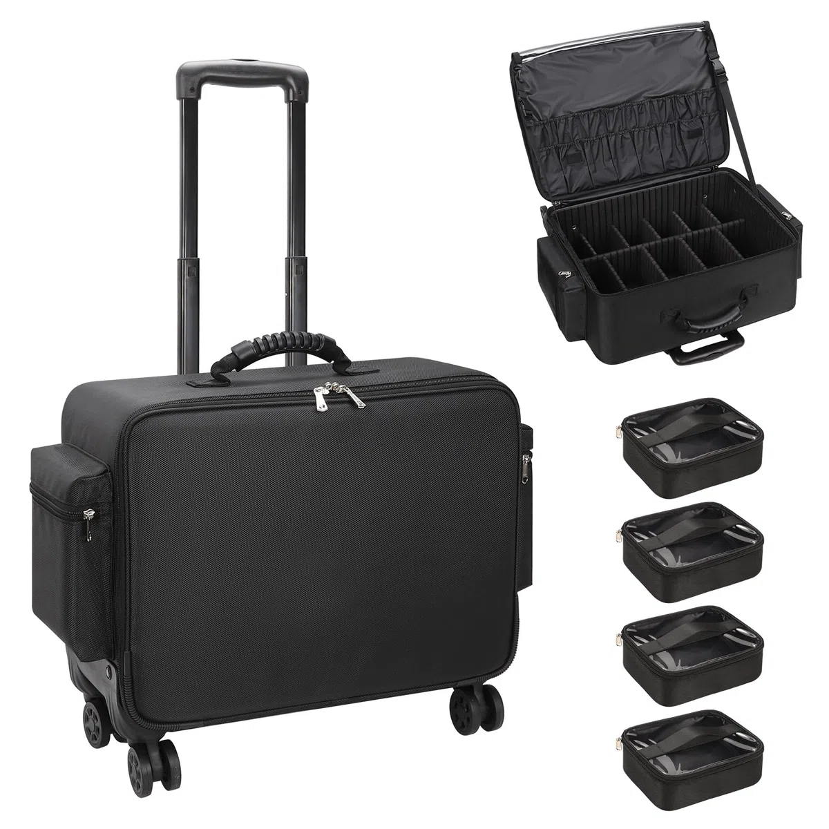 Maletín de cosméticos con ruedas, estuche profesional con divisor ajustable, maletín de maquillaje grande multifunción para técnico de uñas, peluquero, color negro, Negro , Maletín de cosméticos