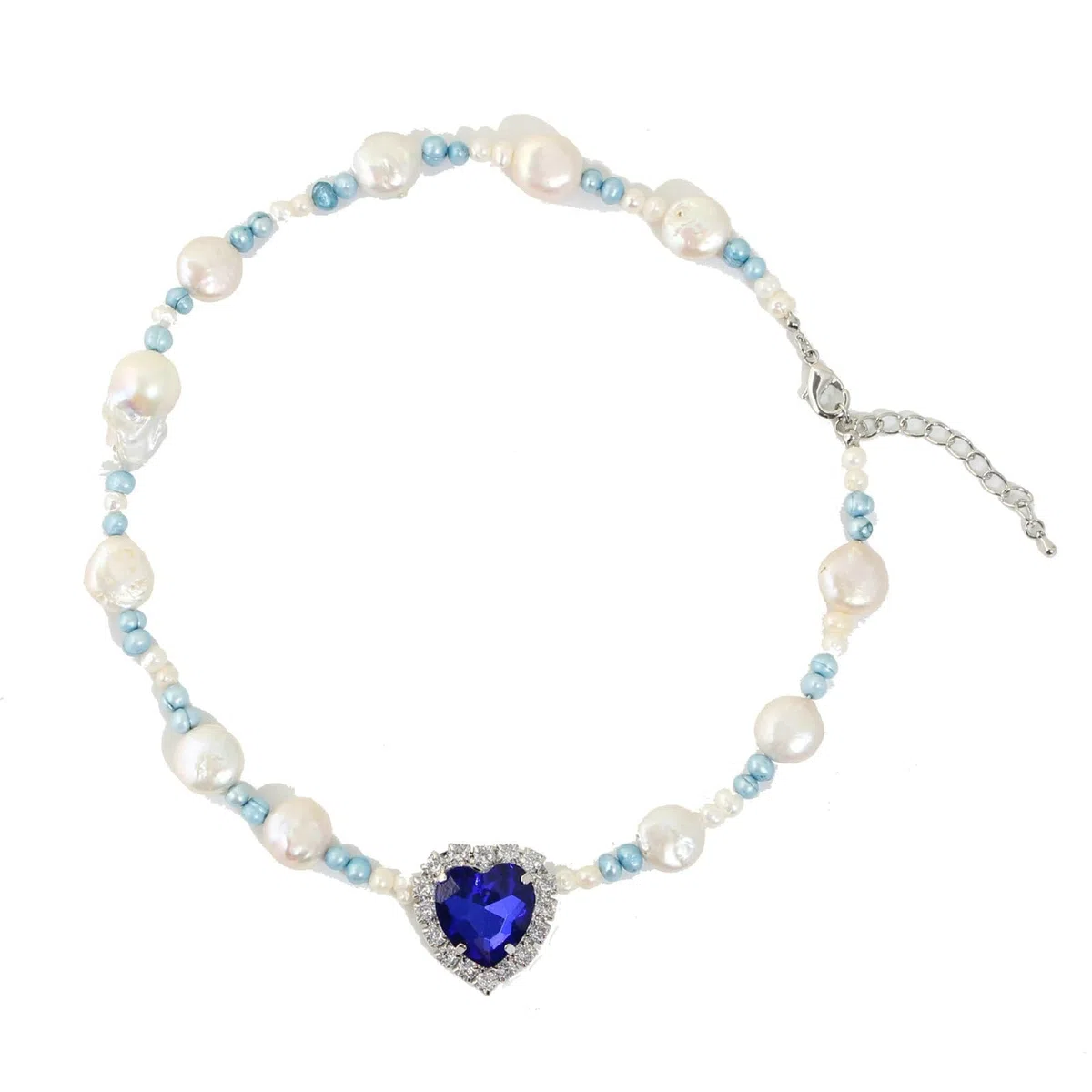 Cadena larga chapada en plata azul cadena boda corazón zirconia colgante collares, 47.5CM, Plata, Circonia cúbica