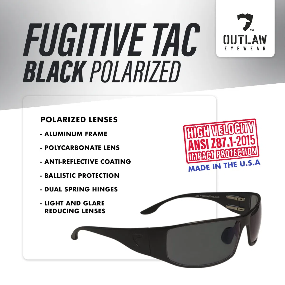 Outlaw Eyewear Adulto, unisex Fugitive armazón táctica negro con lente polarizado gris