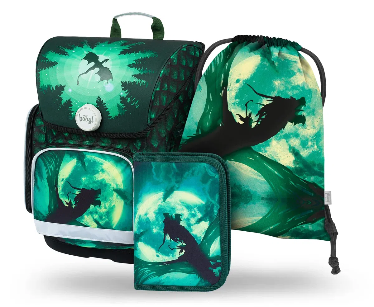 Baagl Juego de 3 mochilas escolares Ergo para 1ª clase, mochila ergonómica para escuela primaria con correa para el pecho, dragón, Juego de mochila escolar