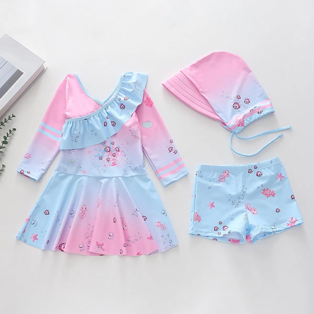Traje de baño de verano para niños y niñas, de dos piezas, con falda y gorro de baño a juego, bonito tankini con volantes para niños mayores, adolescentes y jóvenes
