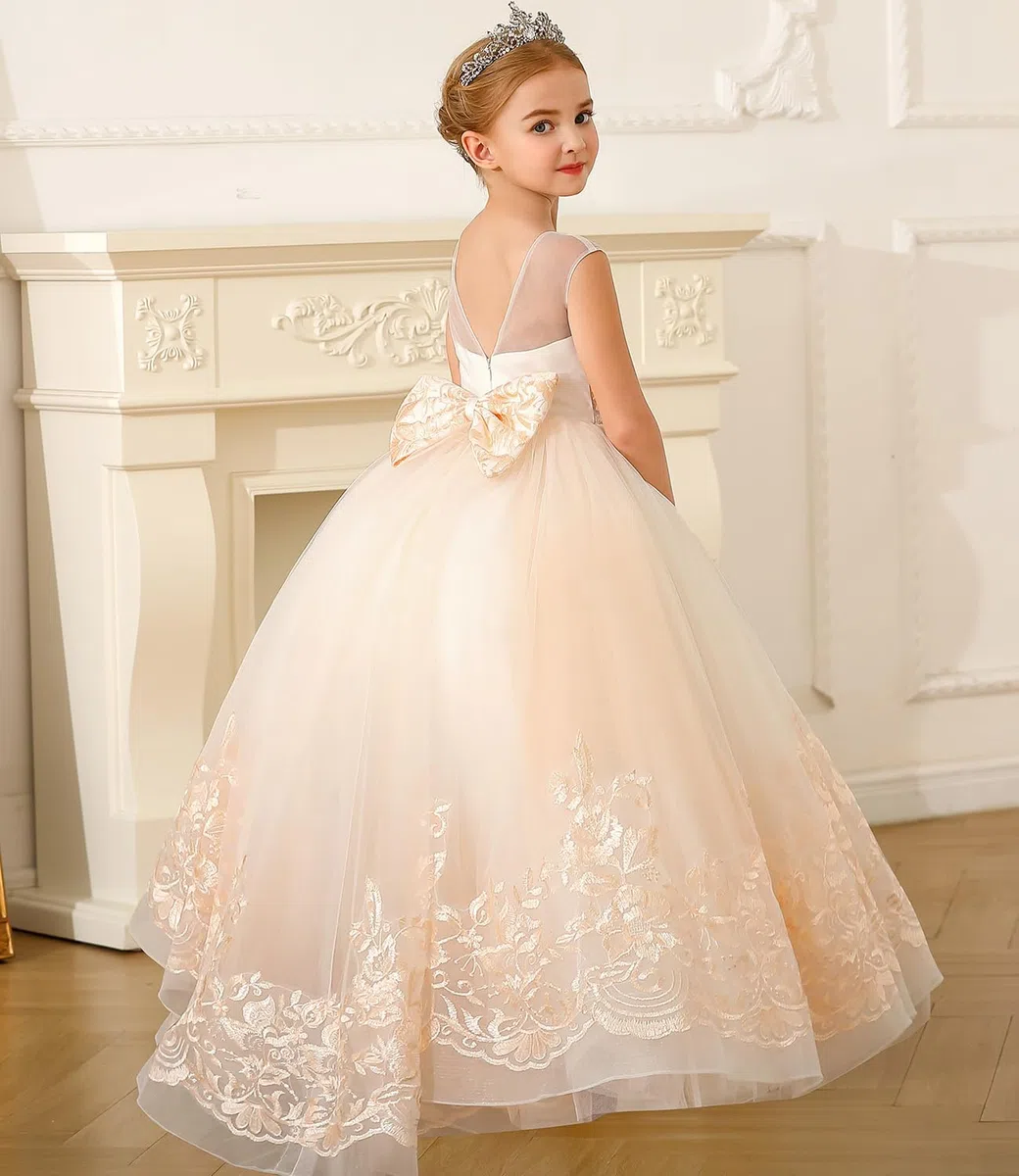 PLWEDDING apliques de encaje de fantasía vestido de niña de flores vestido de novia niñas princesa vestido de bola de tul