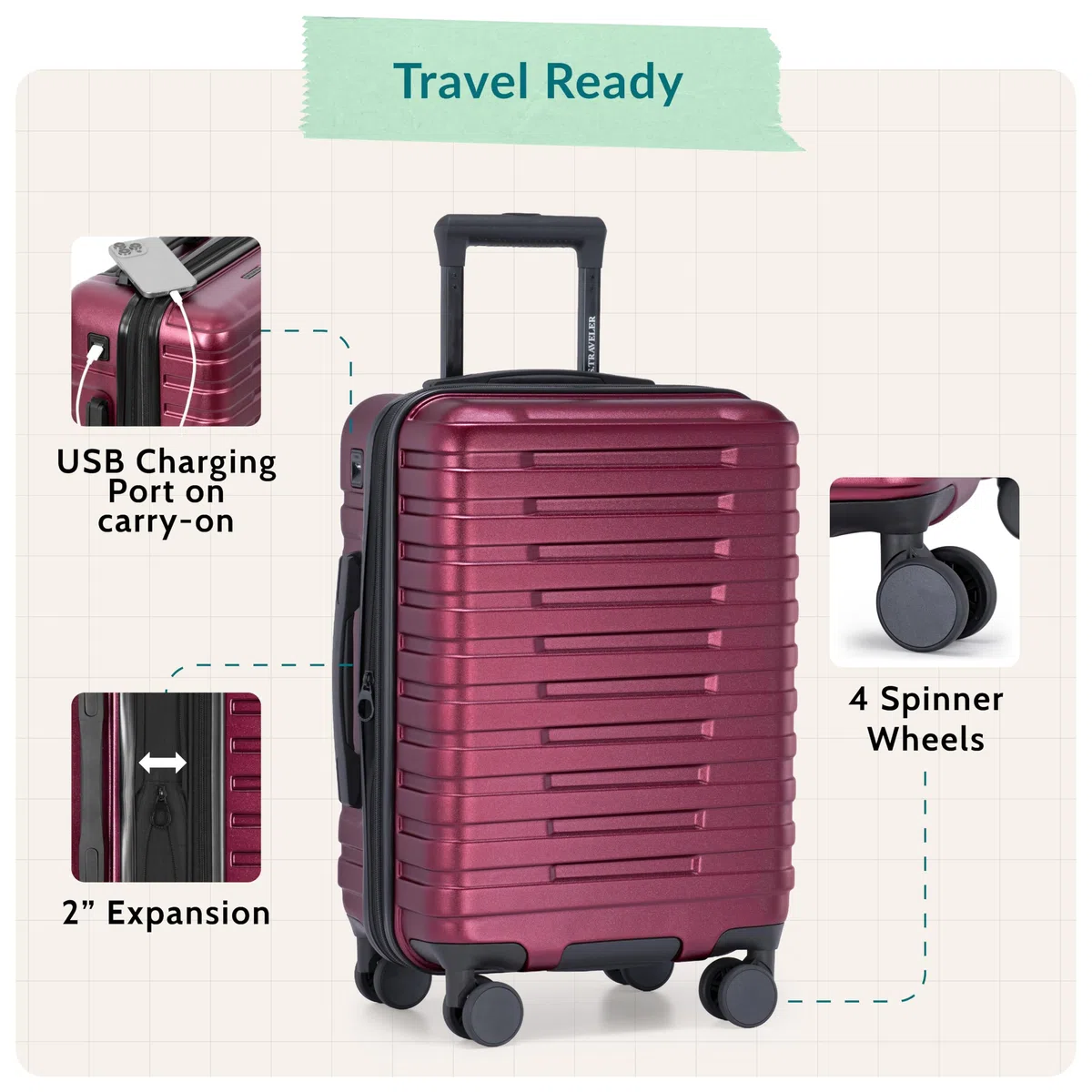 U.S. Traveler Boren - Equipaje de Viaje Resistente expandible con 8 Ruedas giratorias, Rojo metálico, Juego de 2 Piezas