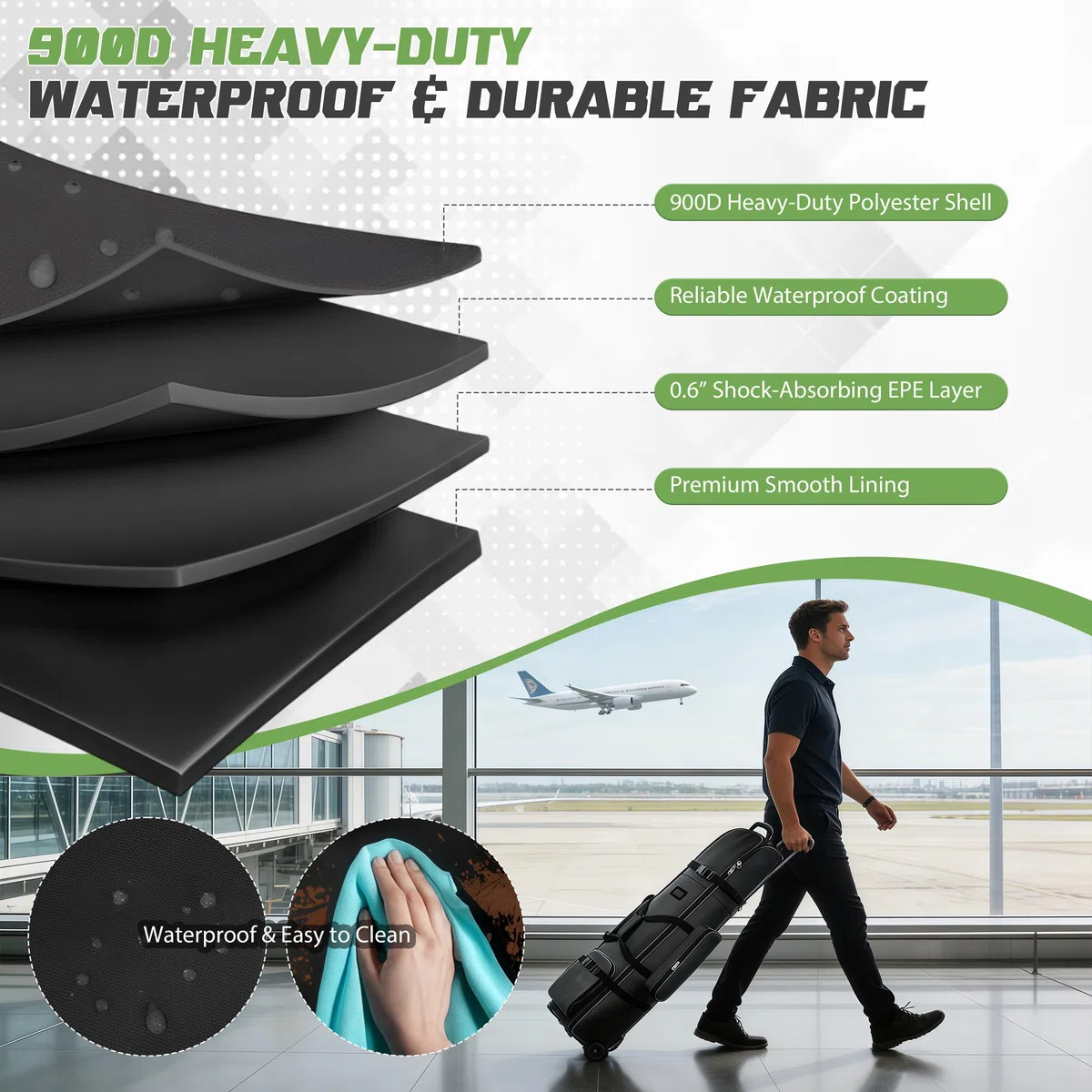 Bolsa de Viaje de Golf con Ruedas Tela Oxford 900D | Gruesa Impermeable Funda de Transporte para Palos de Golf con Bolsa de Limpieza para Pelotas Bolsa de Viaje