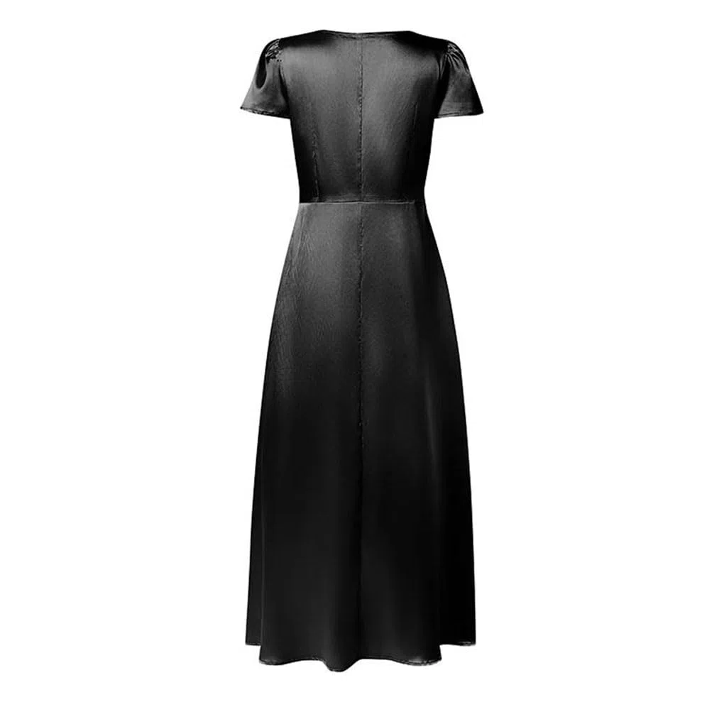 Vestido largo de satén para mujer, cintura alta, ajustado, manga corta, acampanado, vestido de fiesta