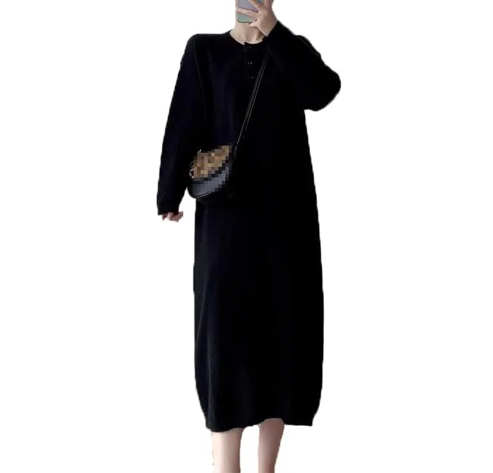 Vestido de suéter de punto de manga larga con cuello en O para mujer, vestido de otoño suelto a media pantorrilla vintage