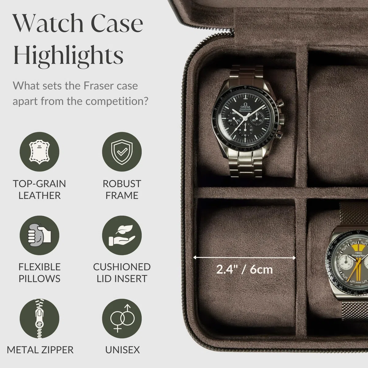 Funda para Reloj TAWBURY - Caja de Reloj de 6 Ranuras de Cuero Genuino de Grano Superior para Hombres y Mujeres con Almohadillas Extra Anchas para Relojes Grandes - Almacenamiento Portátil de Relojes