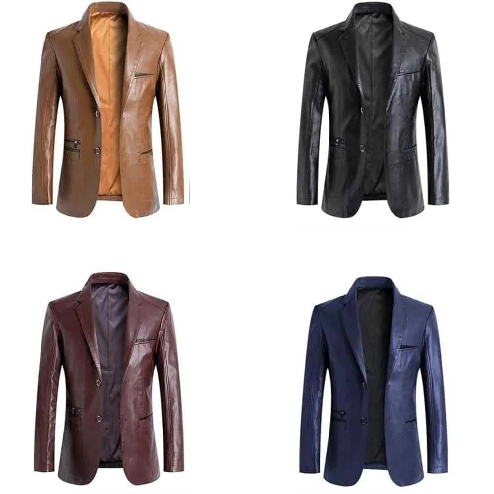 Chaqueta blazer de cuero para hombre, ajuste regular, abrigo de negocios de piel de cordero, con forro de botones, estilo motocicleta con múltiples bolsillos
