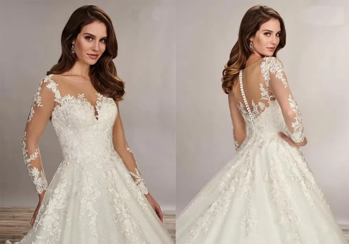 Vestido de Novia de Encaje de Manga Larga, Letra A, Civil de Princesa, Blanco, 40