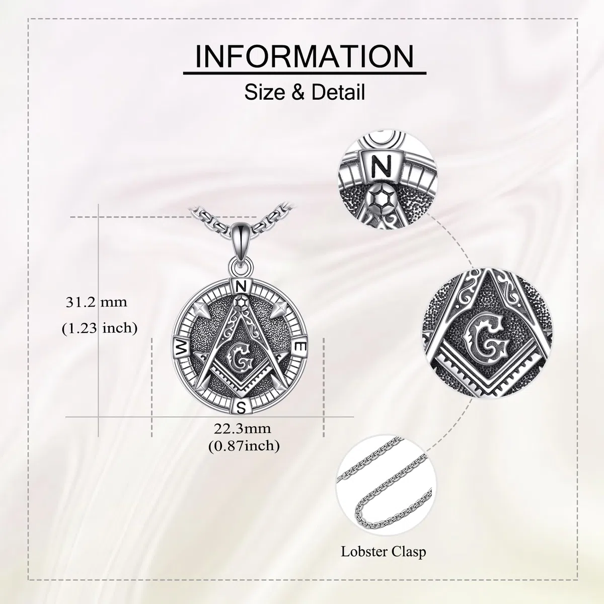 ONEFINITY Collar masónico de plata de ley 925 con colgante de brújula masónica, collar de masonería, símbolo de masón, joyería para hombre, talla única, Plata, No es una piedra preciosa