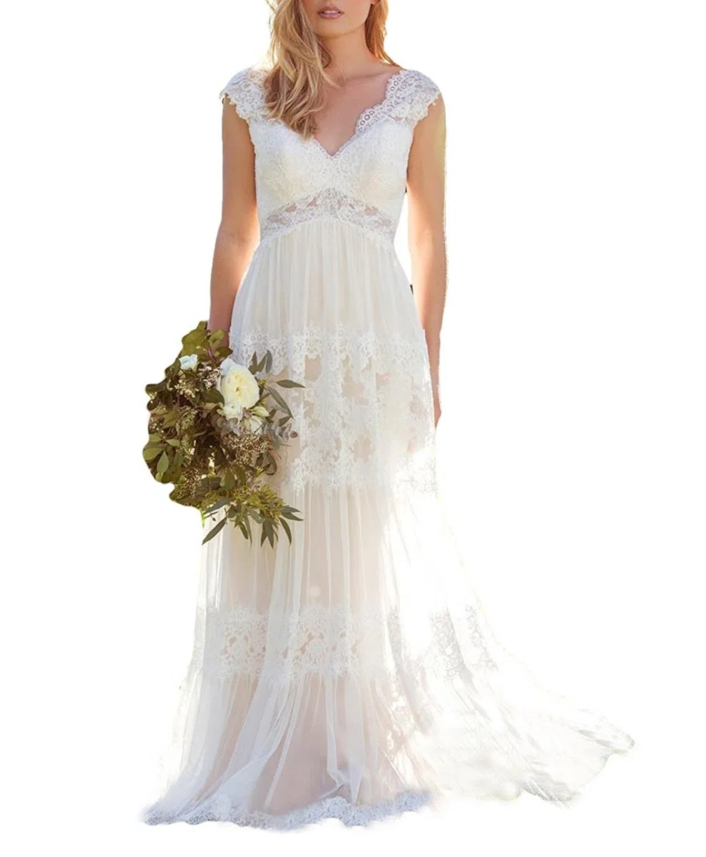 Vestido de Novia de Estilo Bohemio con Cuello V Hueco Y Vestido de Encaje Largo, WYFDMNN, Blanco, 38