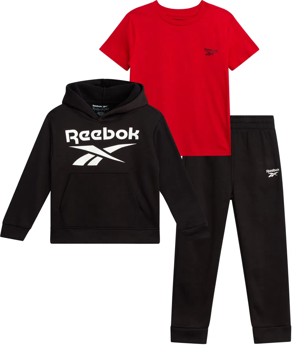Reebok Conjunto de pantalones para bebé, 3 piezas, sudadera con capucha y pantalones deportivos, conjunto de pantalones de forro polar para niños pequeños