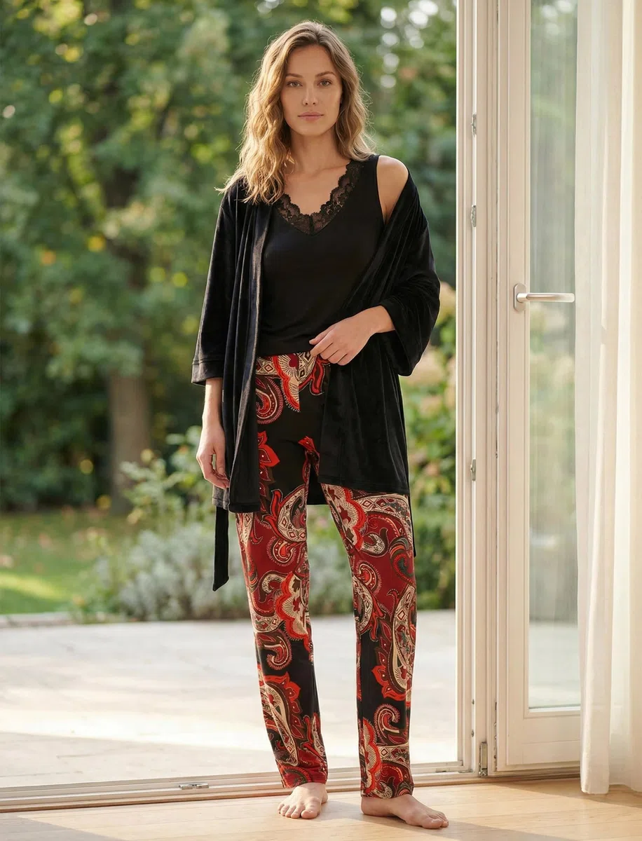 VIVISENCE - Pijama de tres piezas para mujer, con albornoz suave y cómodo