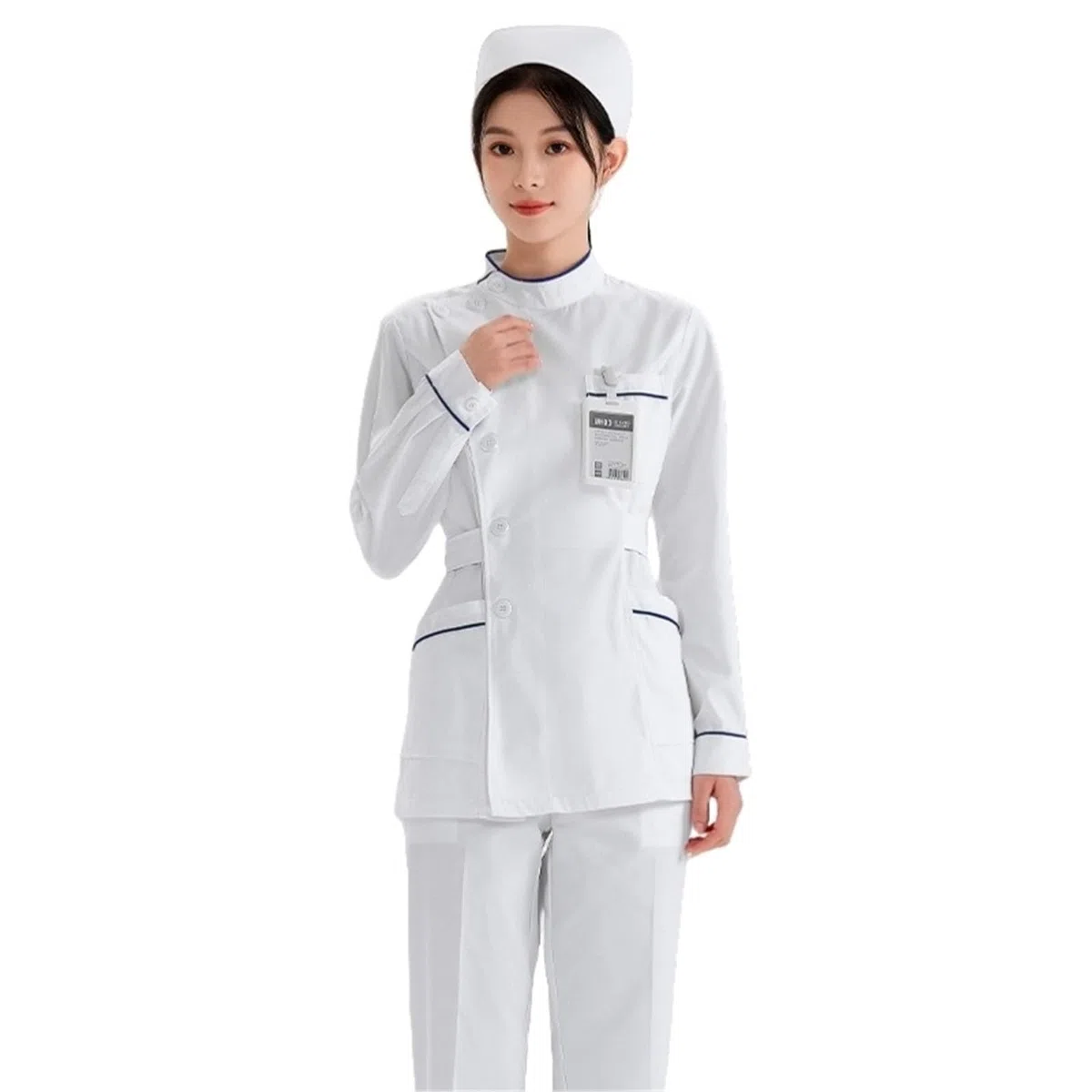 Uniformes Sanitarios Mujer Uniforme de Enfermera, Conjunto Dividido, Cuello muñeca Blanco, Manga Corta/Larga, Ropa Trabajo for salón Belleza y Hospital, Vestidos médicos | Side lapel(Long),S(Unisex)