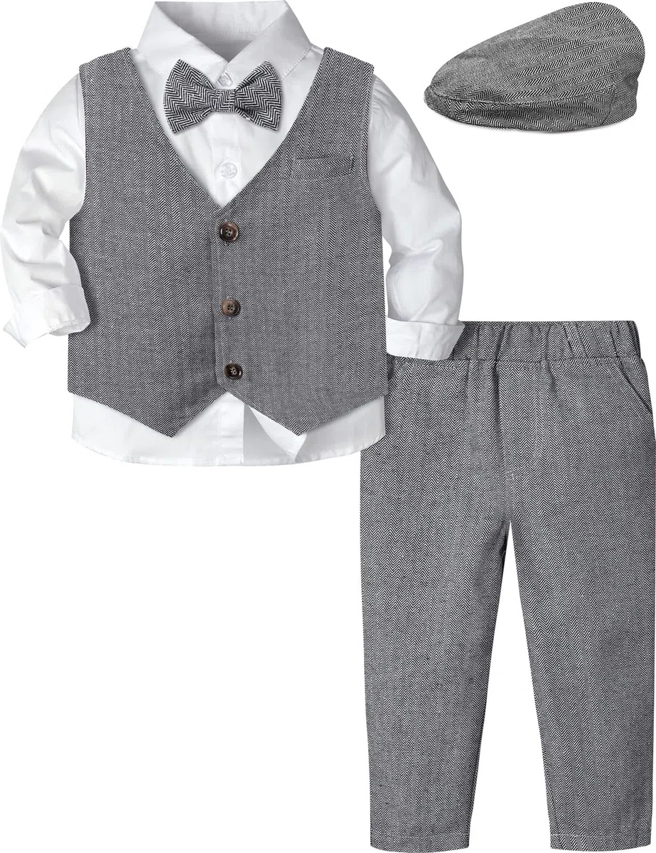 A&J Design - Juego de traje de caballero para bebés, 4 piezas, camisas, chaleco y pantalones y boinas - gris - 3-4 años