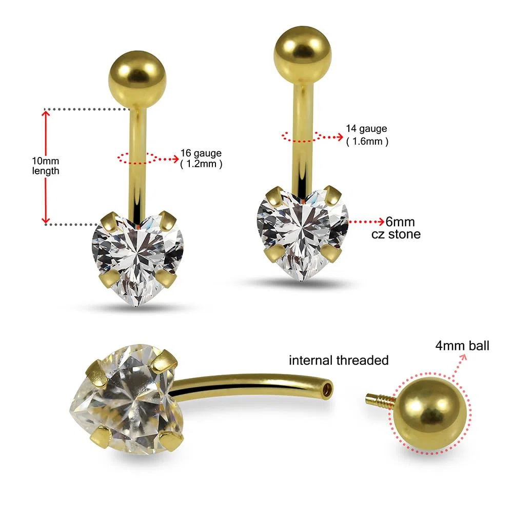 Piercing para ombligo de oro amarillo macizo de 14 quilates con circonita cúbica en forma de corazón, joyería para ombligo, joyería para ombligo, anillos curvados de oro