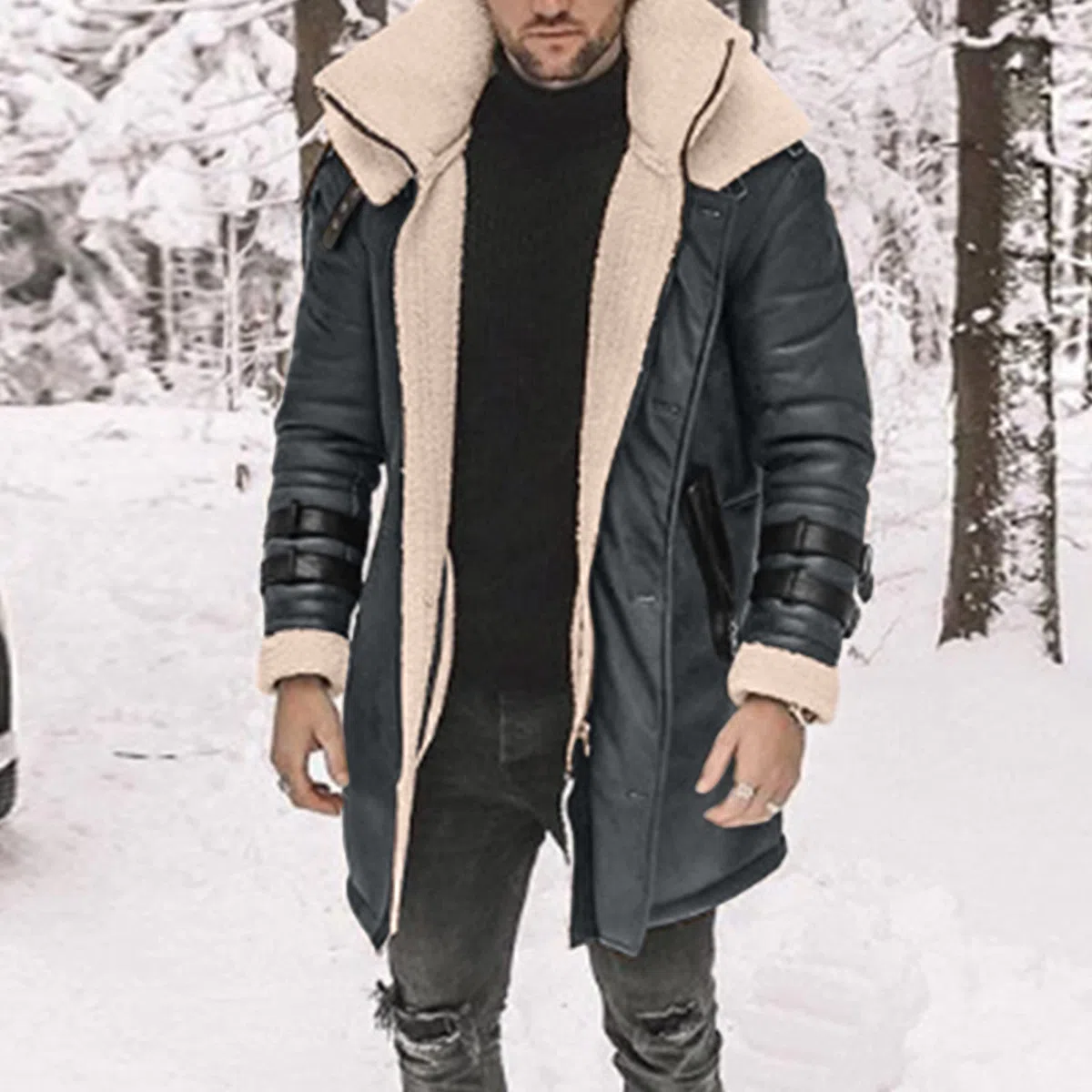 Gabardina con forro de piel para hombre, estilo retro, abrigo vintage cálido, chaqueta de poliuretano con forro de sherpa, abrigo acolchado resistente al viento, abrigo mullido, abrigo grueso para