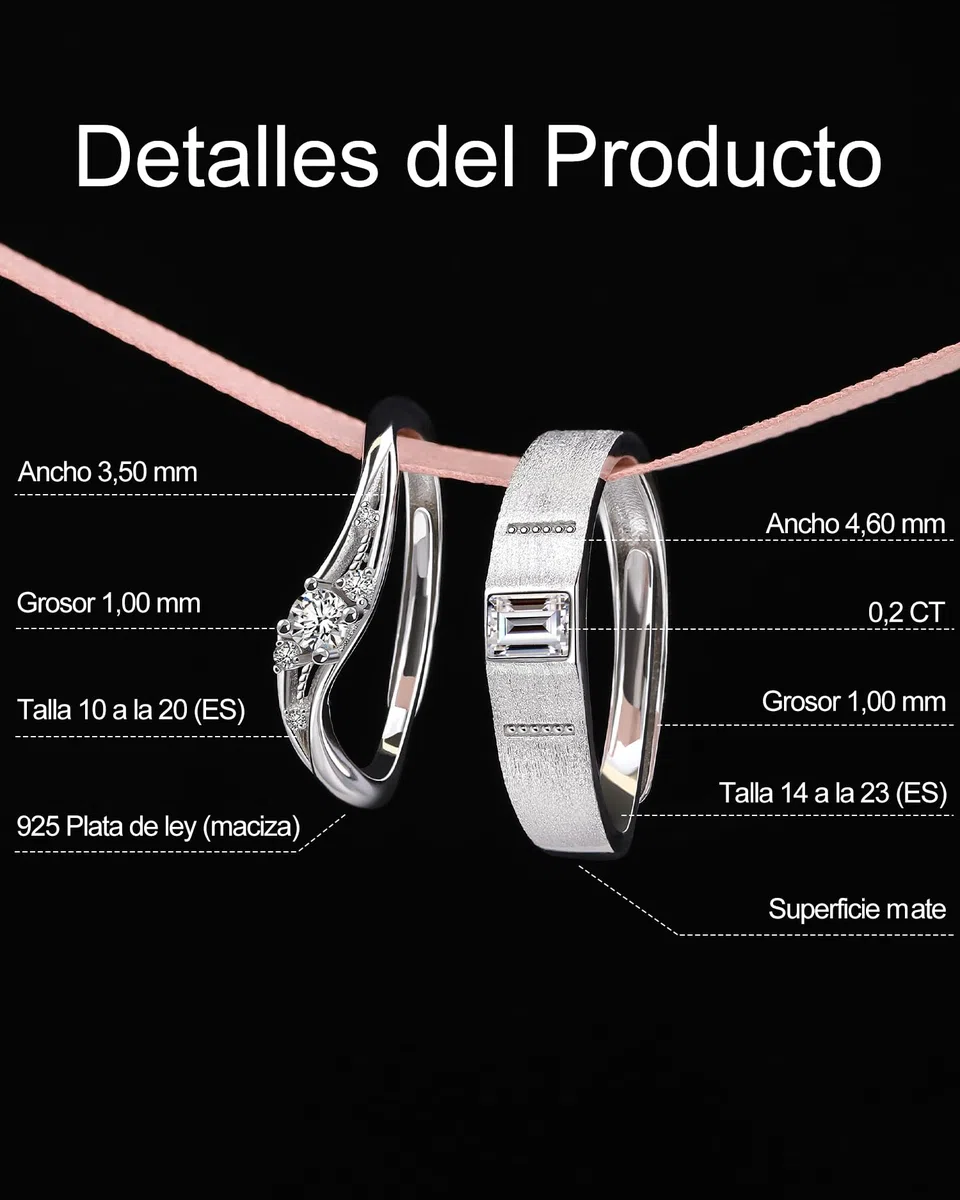 Meissa Anillos de Compromiso de Plata 925 Pareja Alianzas Ajustables Mujer 3.5mm & Hombre 4.6mm Joyas de Pareja para Boda Aniversario San Valentín Regalo para Ella y Él