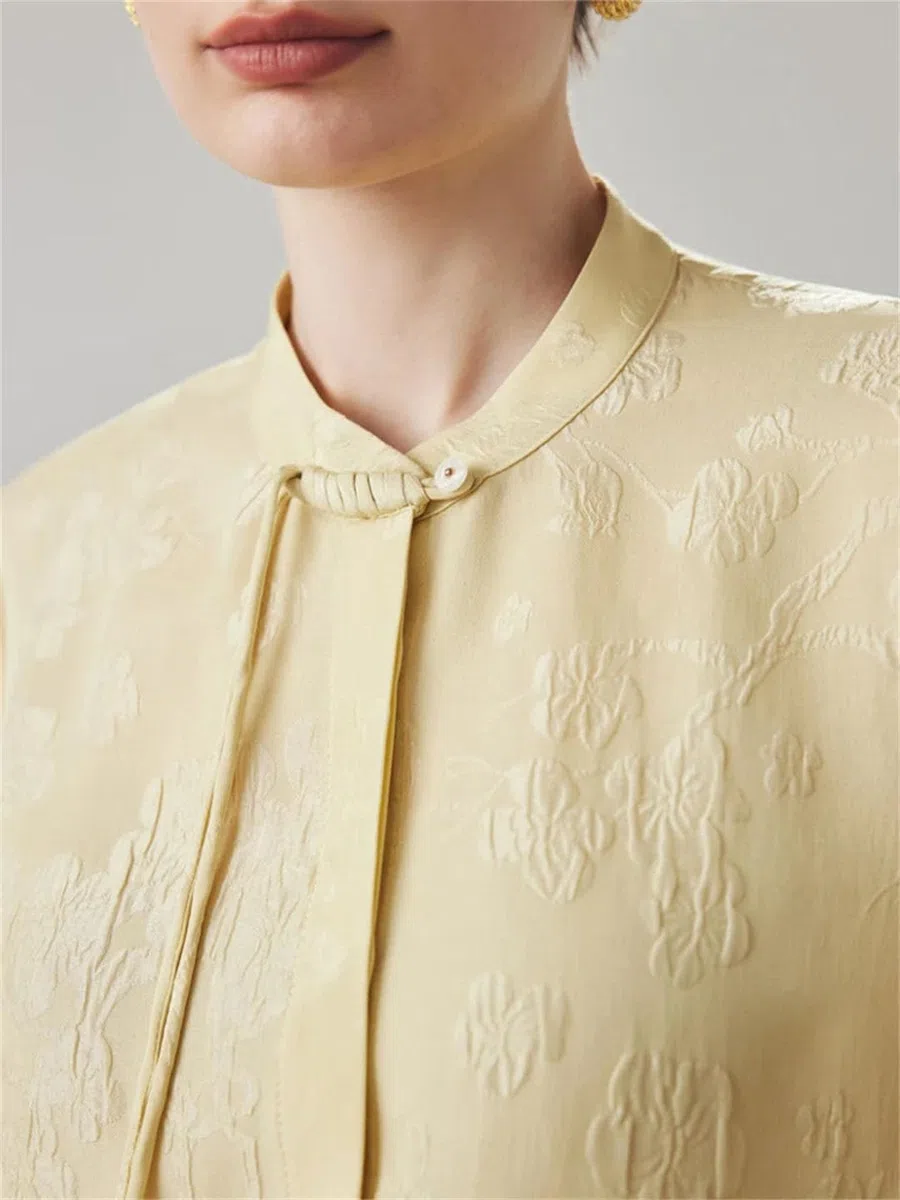 Blusas lisas para mujer, jacquard, 100 % seda, cuello alto, estilo vintage, elegante