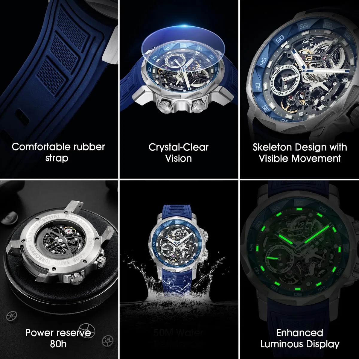FEICE Reloj Automático para Hombre Esqueleto Cristal de Zafiro con Correa de Caucho Azul Caja de Acero Inoxidable 46mm FM511