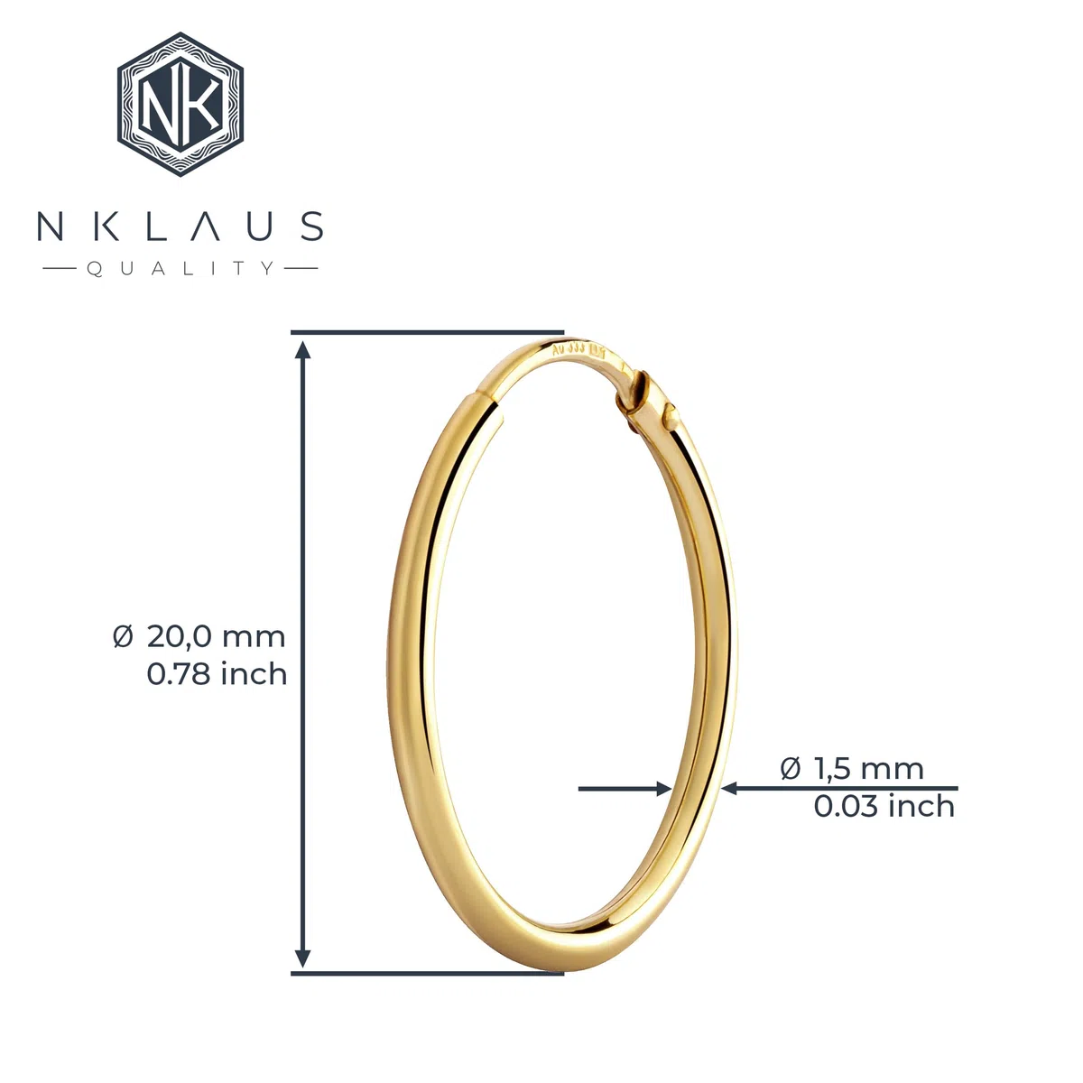 NKlaus Par de pendientes de aro de oro amarillo 333 de 8 quilates, pendientes de oro de 1,5 mm de grosor