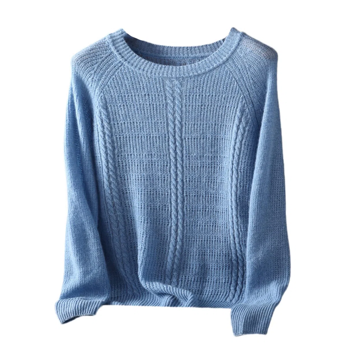 Kelsiop Primavera y otoño 100% suéter de cachemira de las mujeres suéter de cuello redondo casual de punto suelto de moda suéter cálido, azul, S