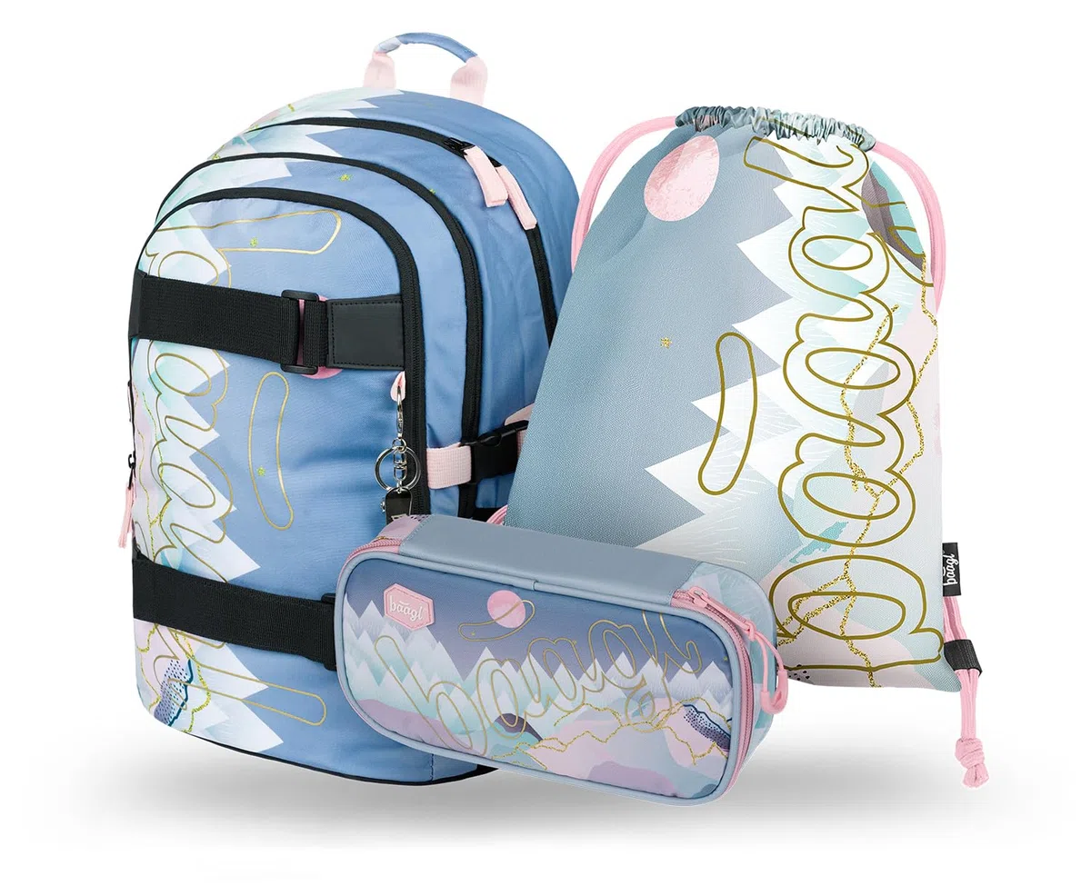 Baagl Juego De Mochila Escolar Para Niña, 3 Piezas, Mochila Escolar A Partir De 3ª Clase, Con Correa Para El Pecho, Ergonómica (Skate Moon), Skate Moon