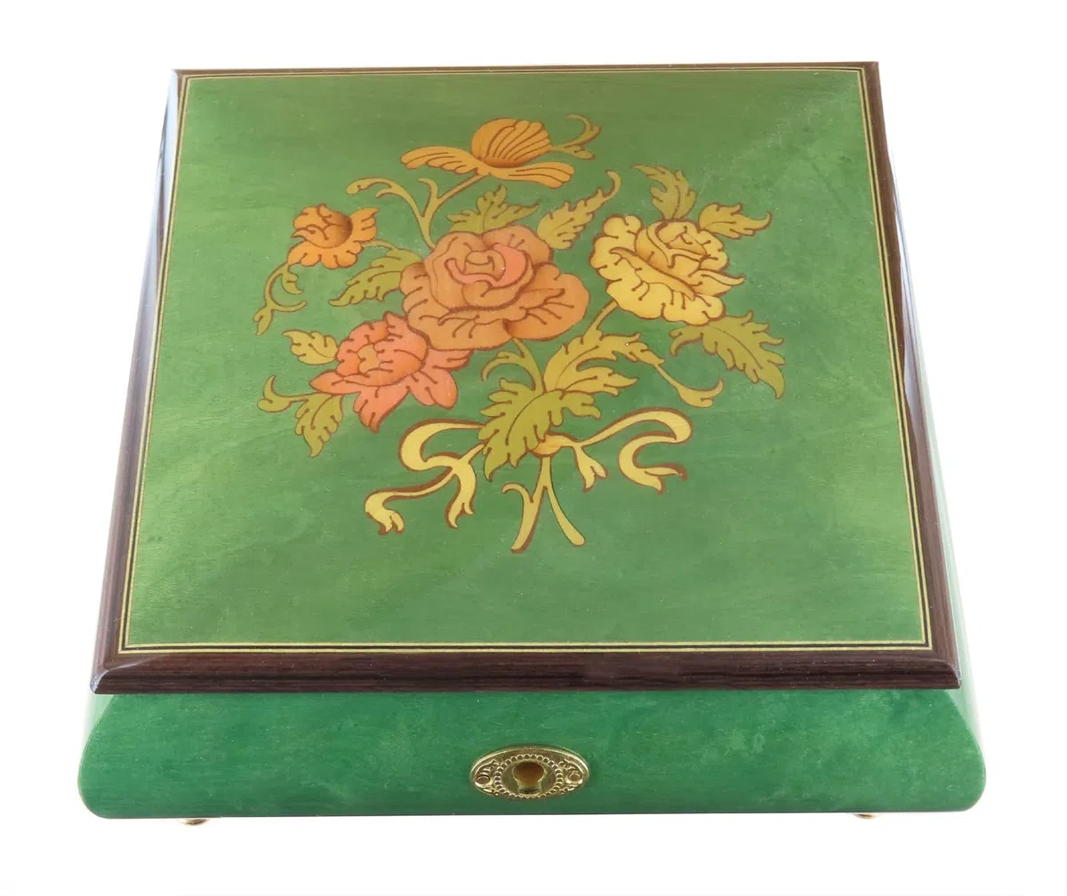 Joyero musical/caja de música para joyas de madera teñida verde claro con marquetería ramo de flores y mecanismo musical de resorte de 18 notas - El vals de Amélie Poulain (Yann Tiersen).