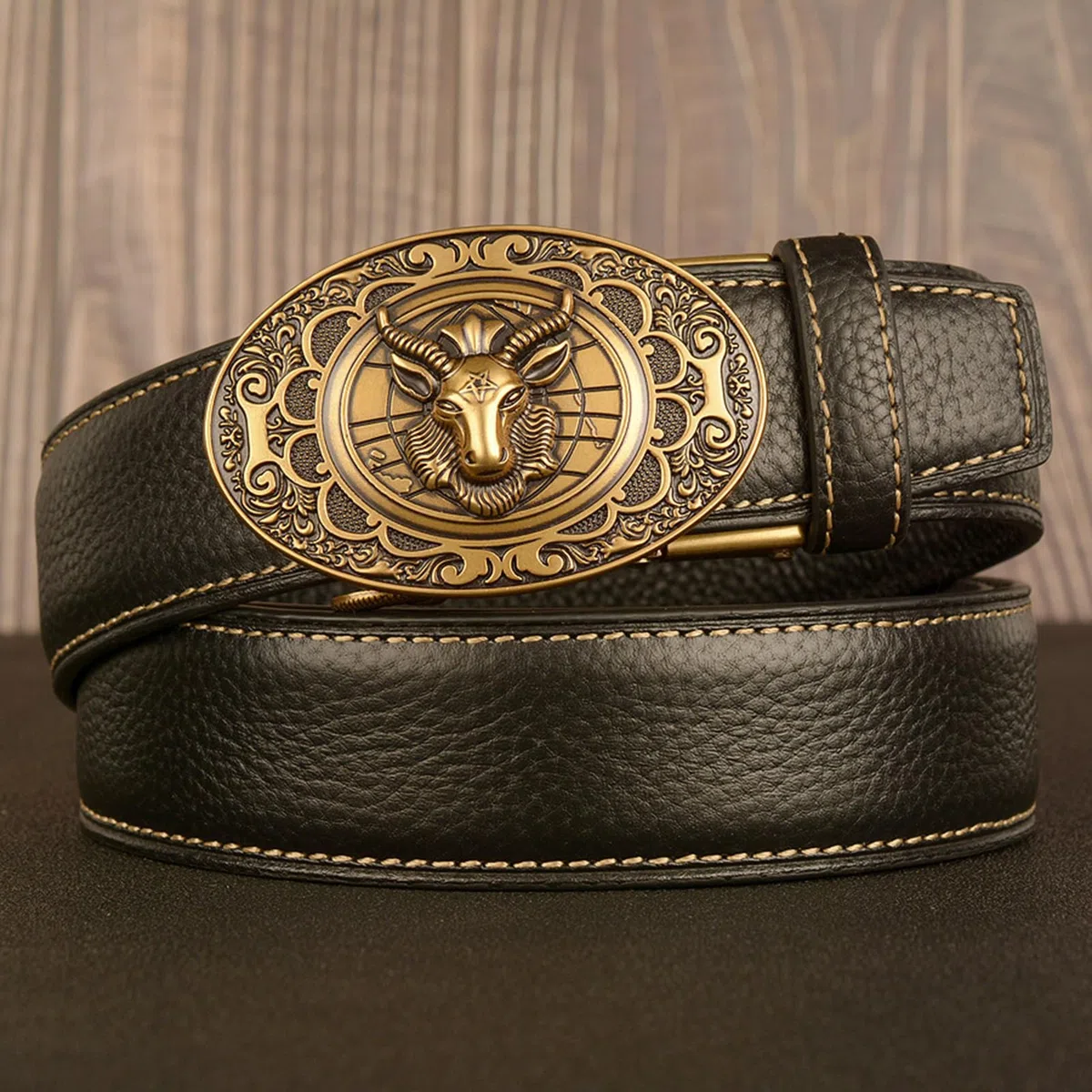 Cinturón De Trinquete Deslizante Cuero Con Hebilla Automática Tallada En Animal, Cinturón Ajustable For Negocios E Informal, Cintura 115 Cm, 39 Pulgadas, Wolfpack