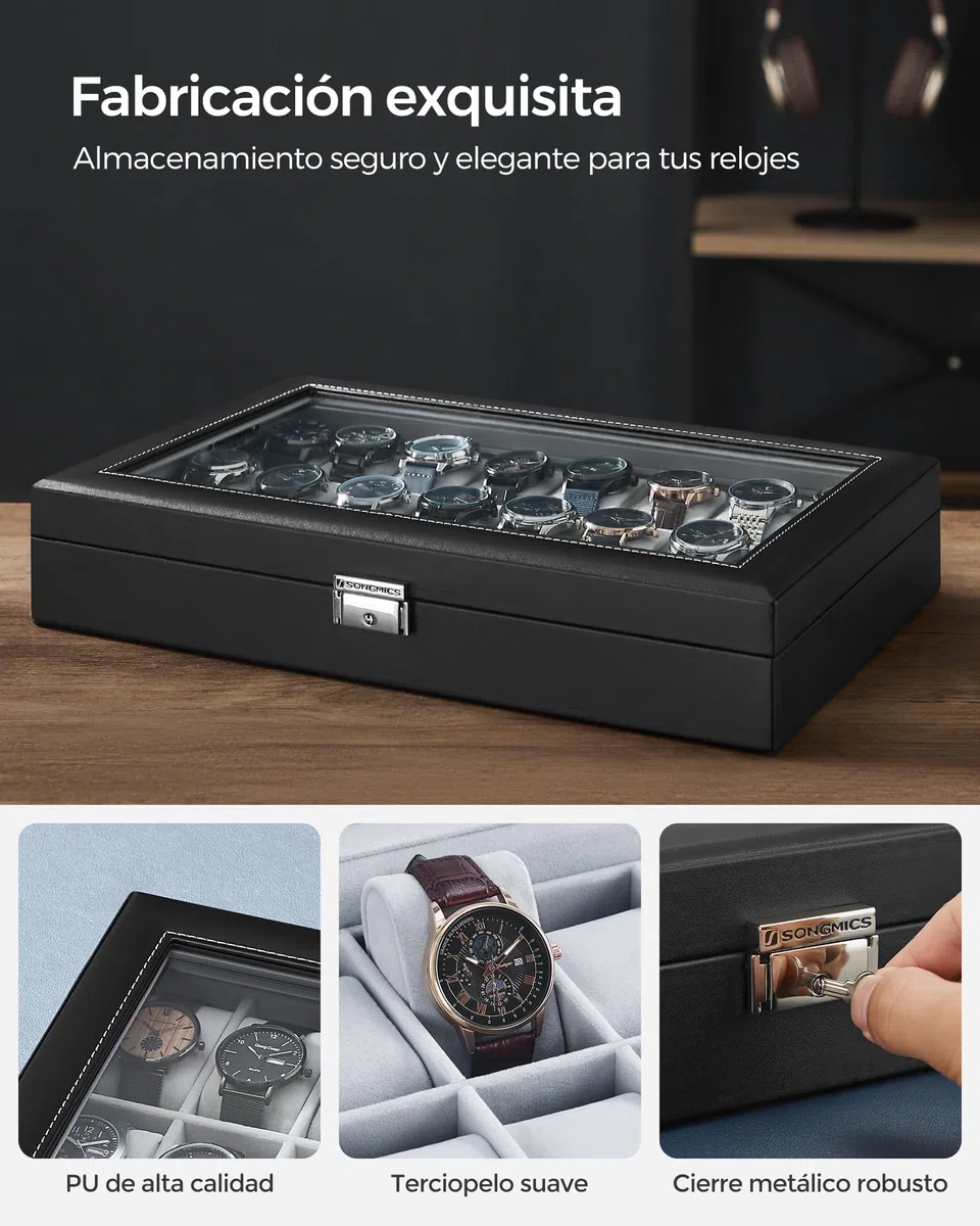 SONGMICS Caja de Relojes, Estuche de Relojes con Cierre, con 24 Ranuras, Tapa de Cristal, Regalo para Seres Queridos, Cuero Sintético, Forro Gris y Superficie Negro Tinta JWB024