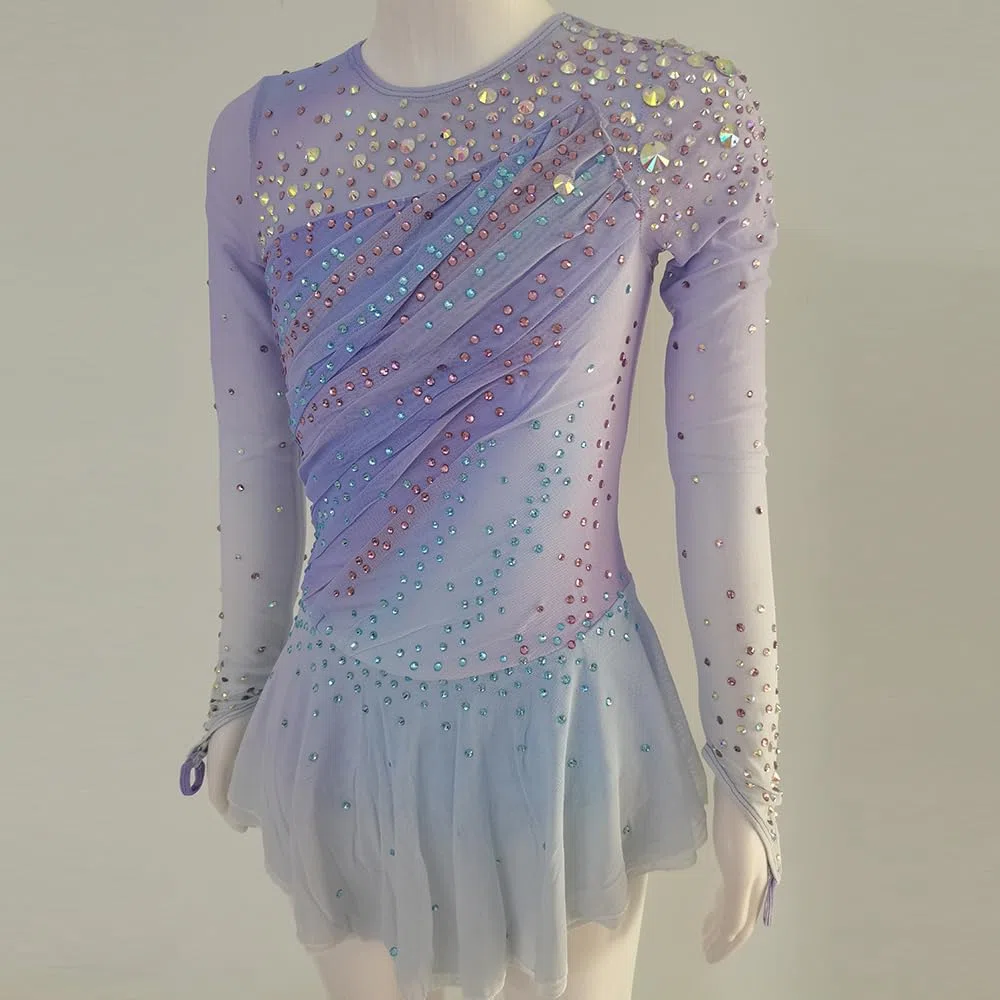 LIUHUO - Vestido de patinaje artístico, color lavanda, diseño de diamantes, rendimiento de competición