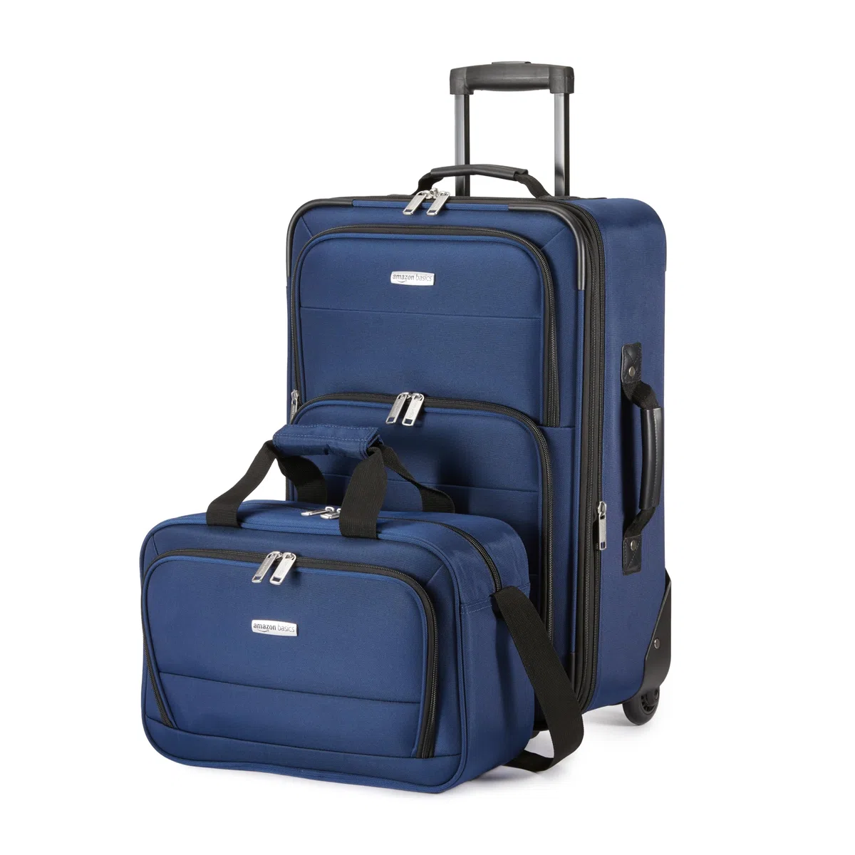 Amazon Basics Juego de Equipaje Blando de 2 Piezas, Maleta de Mano Expandible (58 cm) y Bolsa de Mano (25 cm), Ligeros, 100% Poliéster, Apilable, Azul Marino