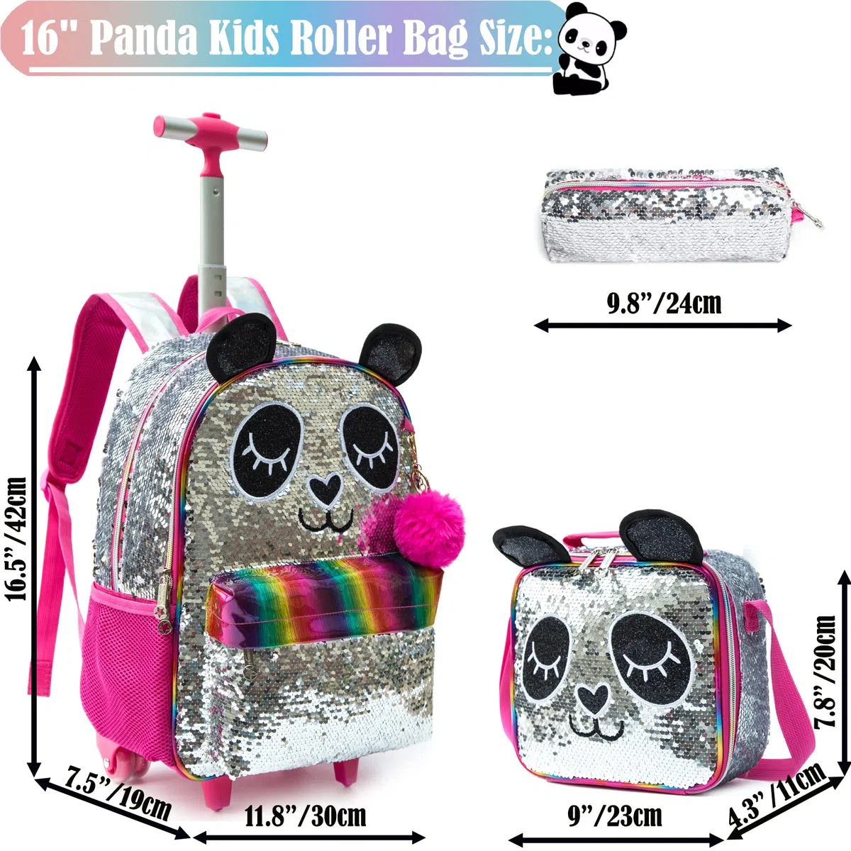 Mochilas Escolares con Ruedas Para Niñas,3PCS Mochila Carro Bolsa del Almuerzo y Estuche de Lápices Bolsos Escolares Para Chicas,16" Maleta Niños con Ruedas de Sirena Morada para Niñas con Lentejuelas