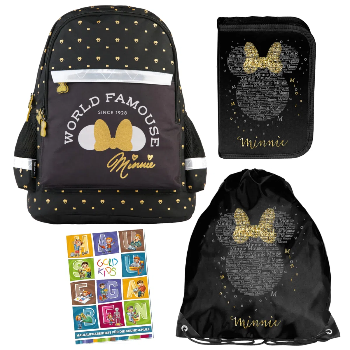 Goldkids - Mochila escolar para niños y niñas, juego de 4 - Mochila escolar para niños con estuche - Bolsa para zapatos y cuaderno de tareas - Diseño de Minnie Mouse - 1-3 Clase, Juego de 4, 1-3