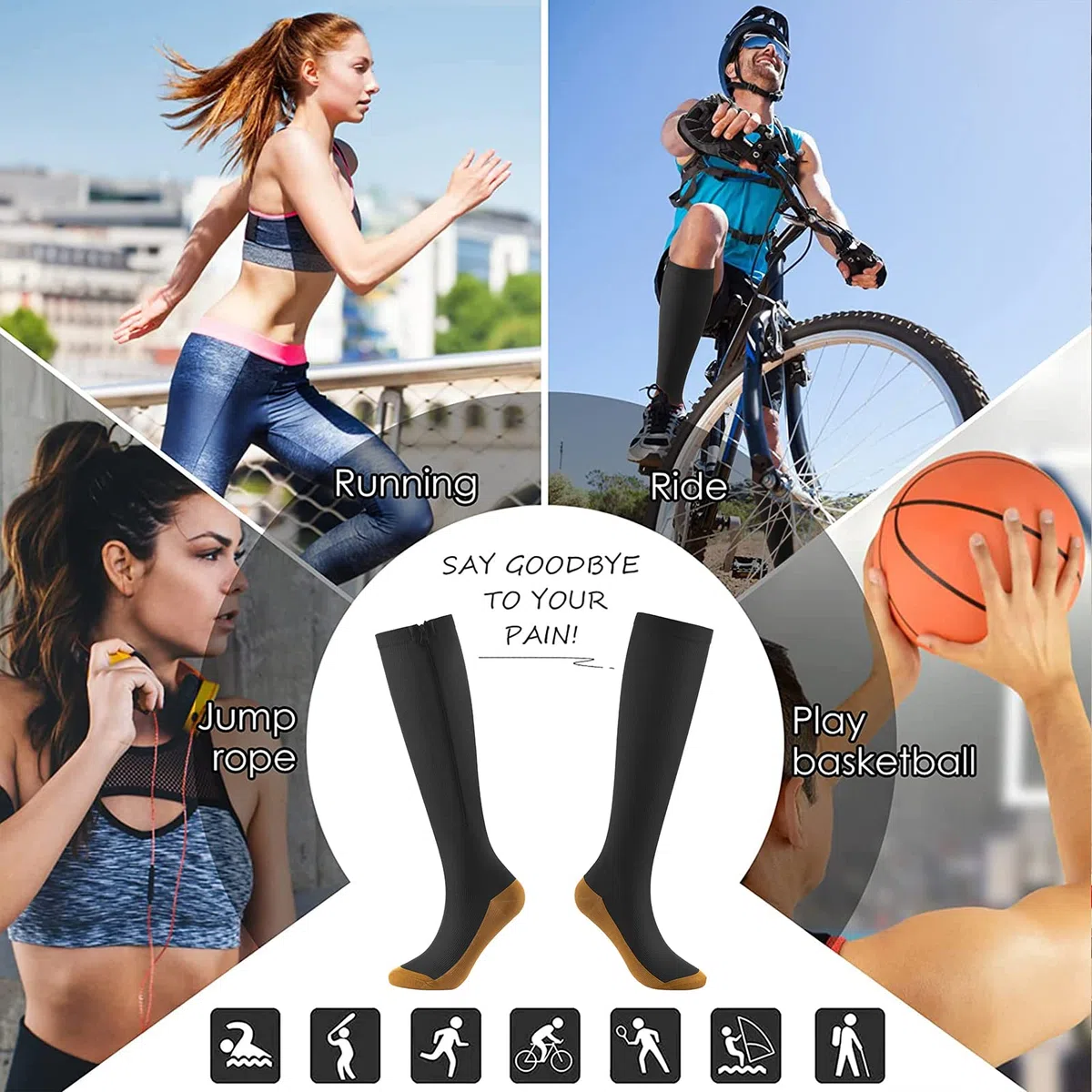 cerpite Calcetines de compresión con cremallera para hombre y mujer, 2 pares de 15 – 20 mmHg, punta cerrada, hasta la rodilla, para correr,