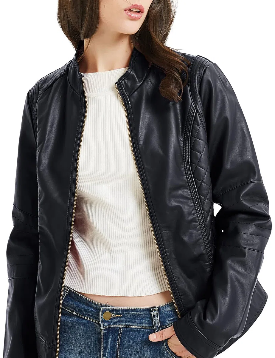BELLIVERA Chaqueta de Cuero PU para Mujer, Chaqueta con Bolsillos con Cremallera, Chaqueta Corta para el Otoño, Primavera