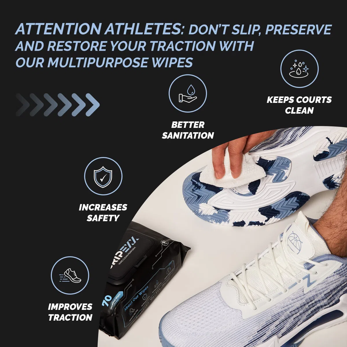 GRIPEXX Toallitas limpiadoras de zapatos, 70 toallitas para zapatos, elimina la suciedad, rozaduras y proporciona tracción, 2 en 1 toallitas multiusos para tenis de baloncesto y suciedad