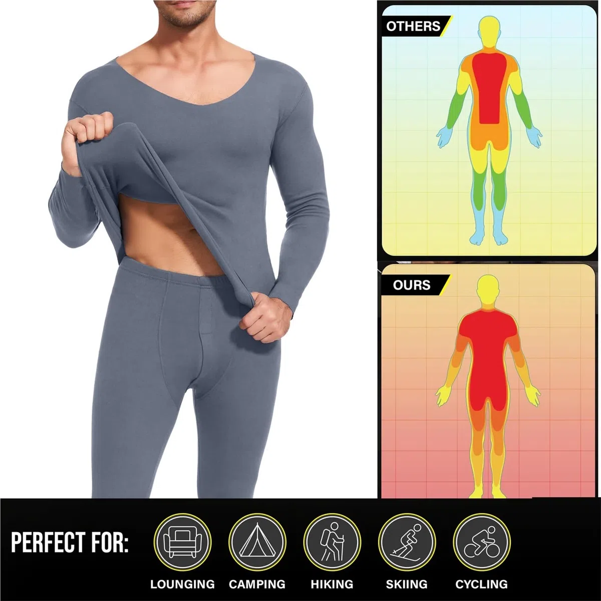 Conjuntos Térmicos Para Hombre Ropa interior térmica cepillada for hombre, conjunto de pantalones de manga larga con cuello en V, sin costuras, cómodos, de invierno Para El Running, El Esquí(Black,4XL