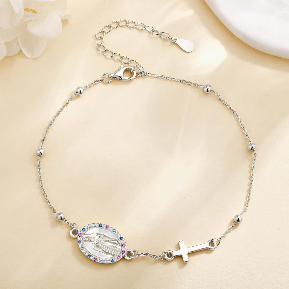 URONE Pulsera de la Virgen María de Plata de Ley con Rosario y Cruz Colgante Pulsera "Virgen de Guadalupe" Joyería Cristiana Regalos para Mujer