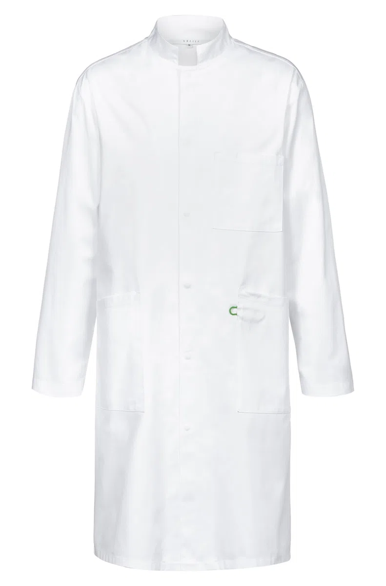 GREIFF Care 5026 - Bata de laboratorio unisex con cuello alto, tira de botones ocultos, 3 bolsillos, funda para teléfono móvil y lazo para llaves, ideal para enfermería, clínica y práctica