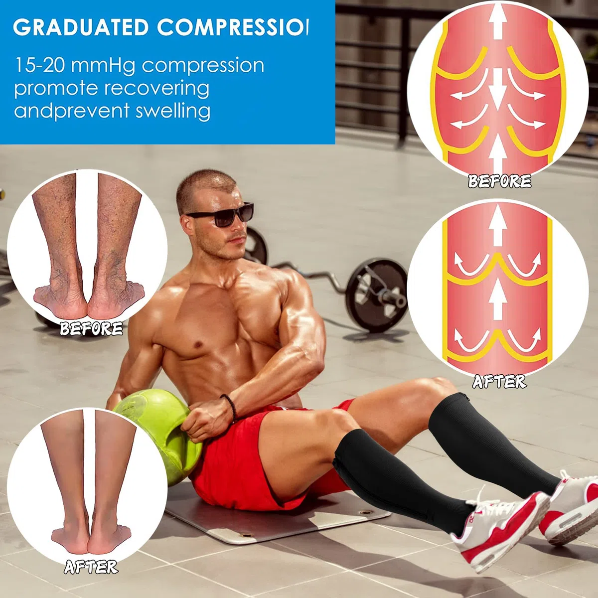 cerpite Calcetines de compresión con cremallera para hombre y mujer, 2 pares de 15 – 20 mmHg, punta cerrada, hasta la rodilla, para correr,