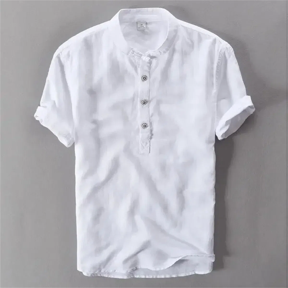 Camiseta de manga corta para hombre, cuello mandarín, algodón, lino, ajuste delgado, transpirable, informal, para uso diario