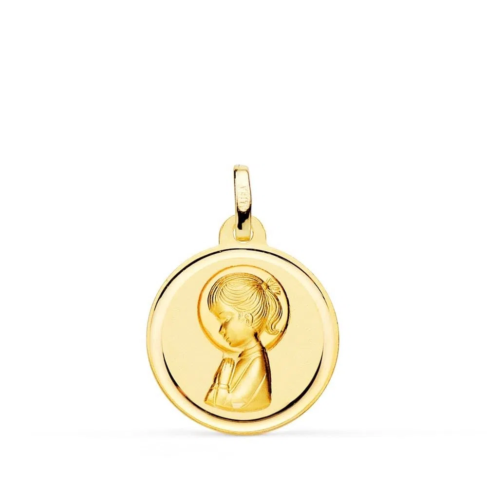 Virgen Niña Primera Comunión Medalla Oro 18k lisa 18mm. bisel. Grabación incluida en el precio - Personalizable - GRABACIÓN INCLUIDA EN EL PRECIO