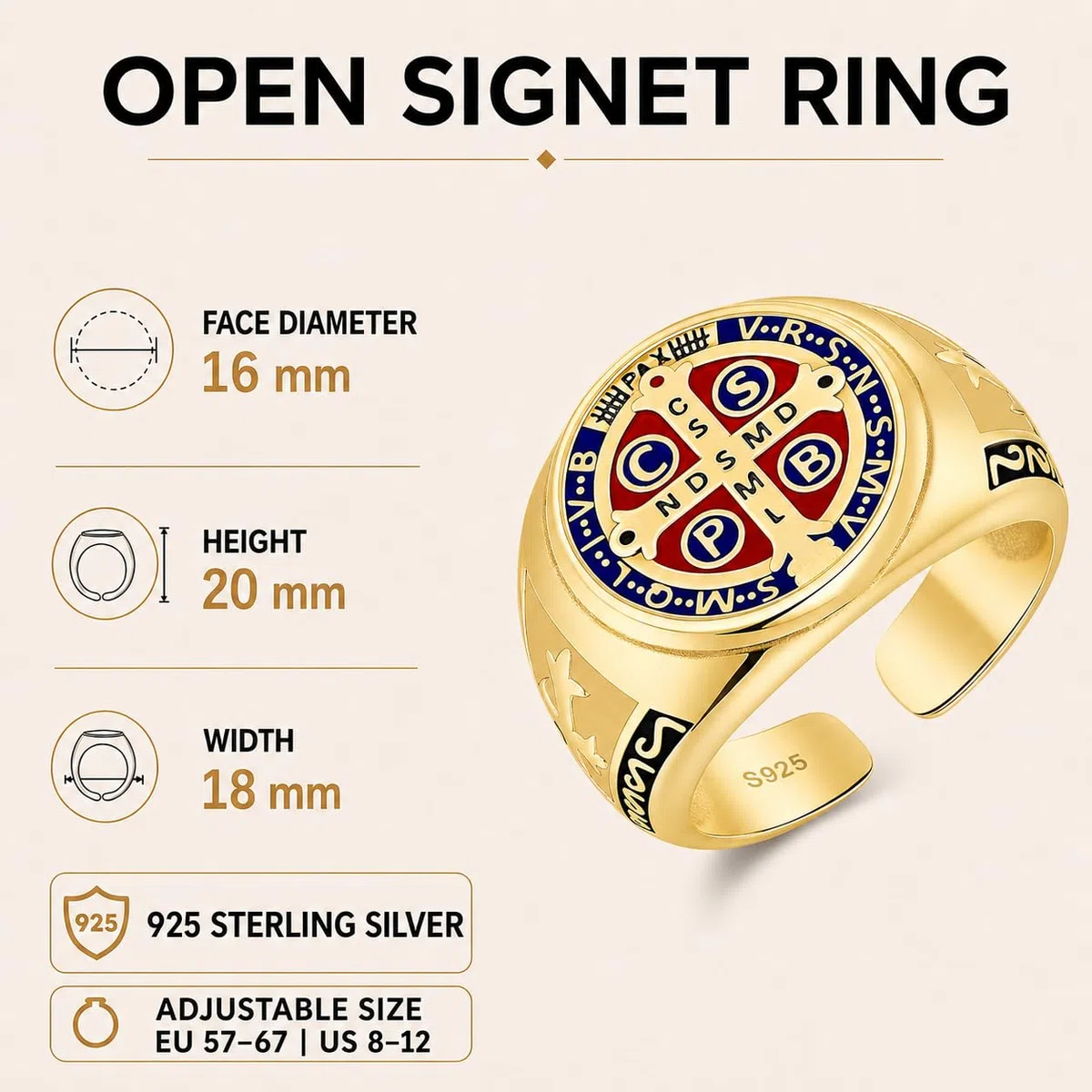 Odinstone Anillos para Hombre Anillo Vikingo San Benito Cruz en Plata 925 Anillos Rúnicos Vikingos Joyería Anillo