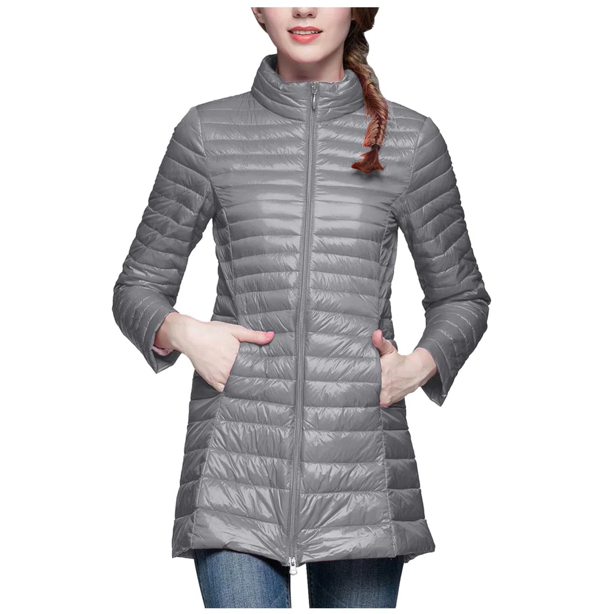 Generisch Abrigo acolchado ligero para mujer, largo, con capucha extraíble, chaqueta de entretiempo, abrigo de invierno, aspecto de plumón, forro cálido, chaqueta acolchada con bolsa