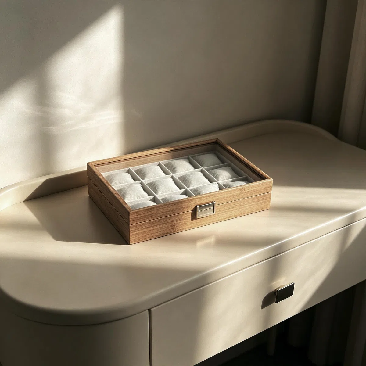 Alipis Caja organizadora de relojes y collares de madera con tapa transparente, 12 ranuras para almacenamiento y almohadas suaves para uso personal y exhibición