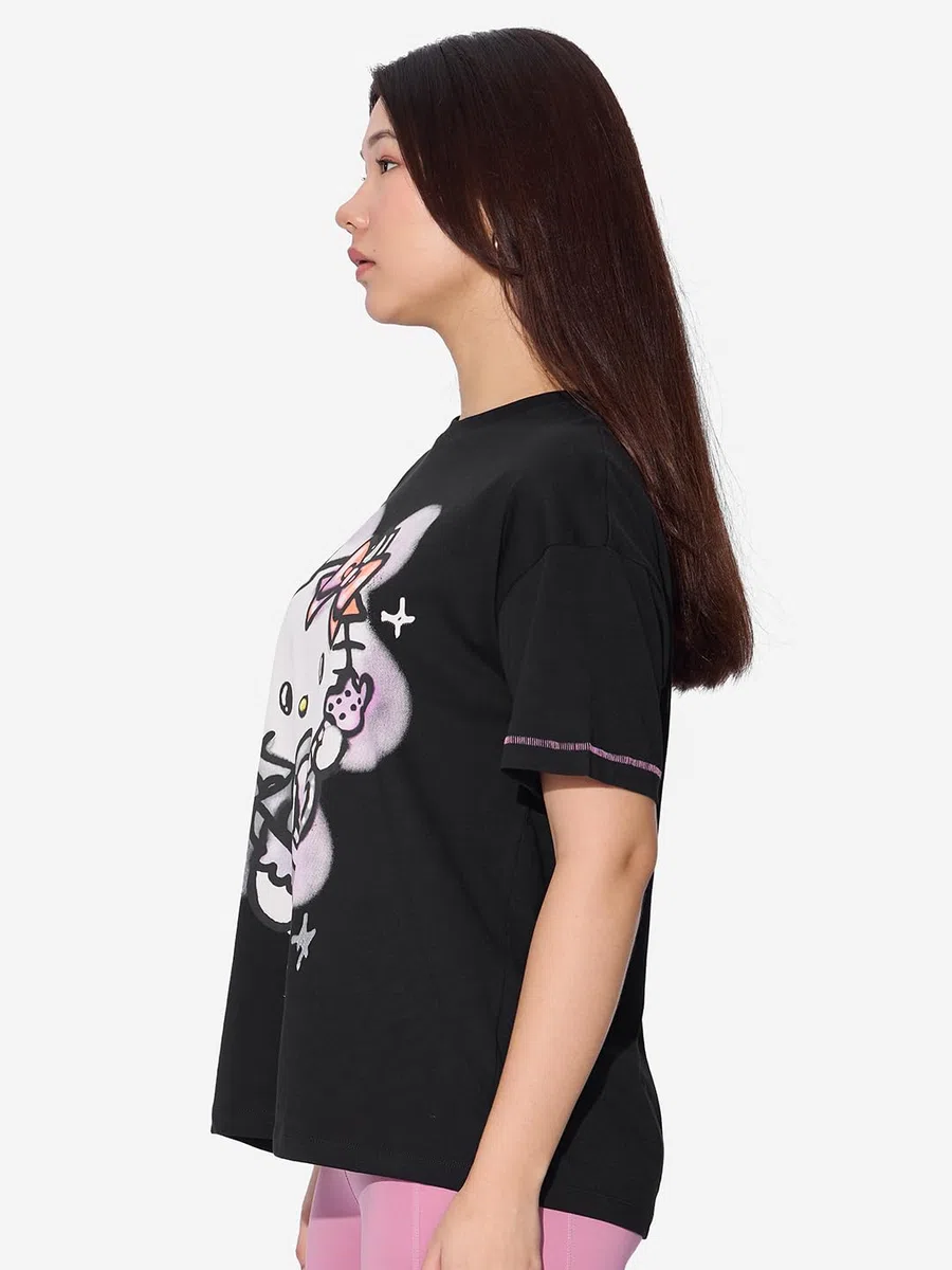 The Souled Store Camisetas oficiales de Hello Kitty Rockstar para mujer y niña, manga corta, cuello redondo, negro, gráfico, de algodón