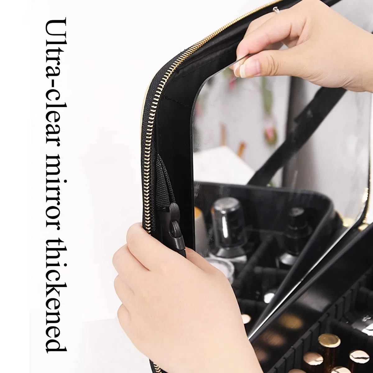 Maletín de cosméticos para equipaje, neceser de maquillaje, portátil, de viaje, con correa para el hombro y compartimento divisor, separadores ajustables, bolsa de cosméticos con espejo, funda de piel