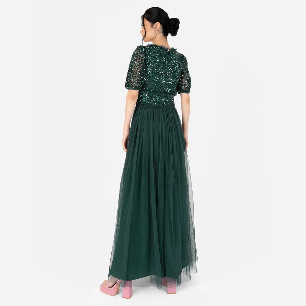 Maya Deluxe Women's Maxi Dress Ladies V-Neck Short Sleeve Sequin Embellished Tulle Ruffle For Wedding Guest Bridesmaid Ball Gown Vestidos para Mujer