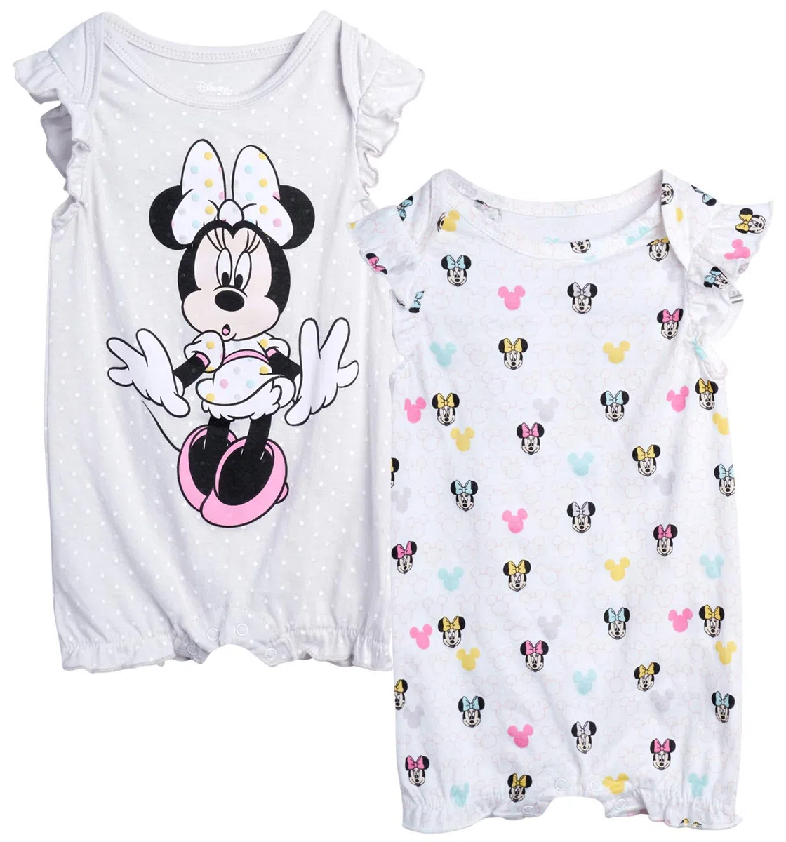 Disney Baby Girls Romper 2 Pack: Minnie Mouse Ruffle Sleeve Romper (Newborn/Infant), Size 0-3 Months, Lavender/White Multi Minnie